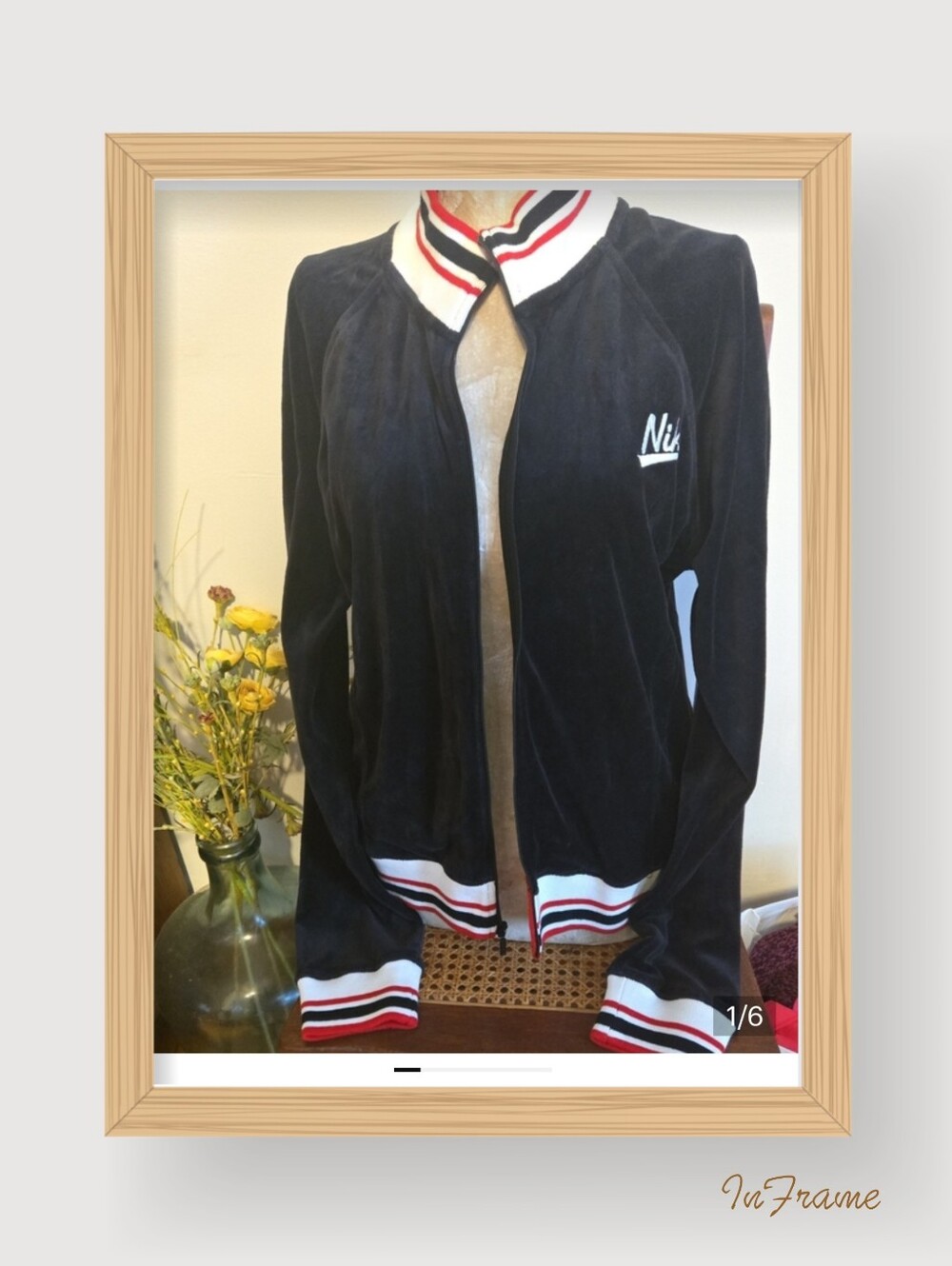 Nwt Nike Black Velour Varsity Style  Jacket with Red & White Stripe Trim. Size L